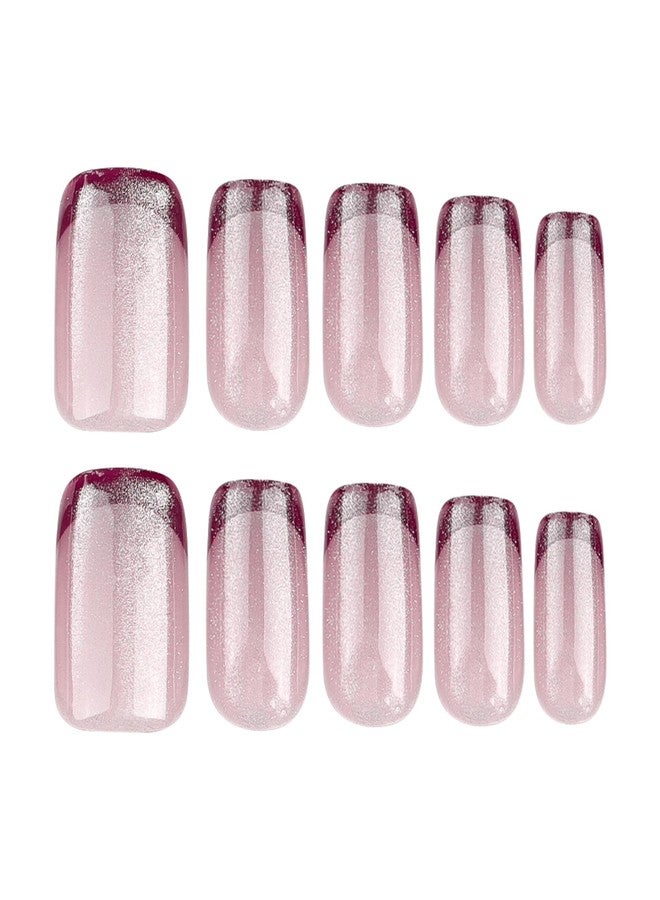 TOGZOM Red French Tip Press On Nails - Medium Square, Cat Eye Acrylic, Glossy Ombre, Shiny Glitter, Squoval Artificial, Xmas Stick On Nails for Women & Girls - 24 Pcs - Image 2